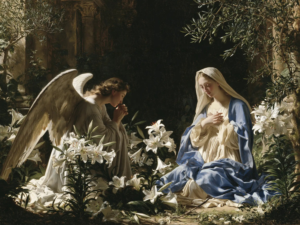 the Annunciation in a garden in The Annunciation in the Garden style, landscape Christian artwork no. 2