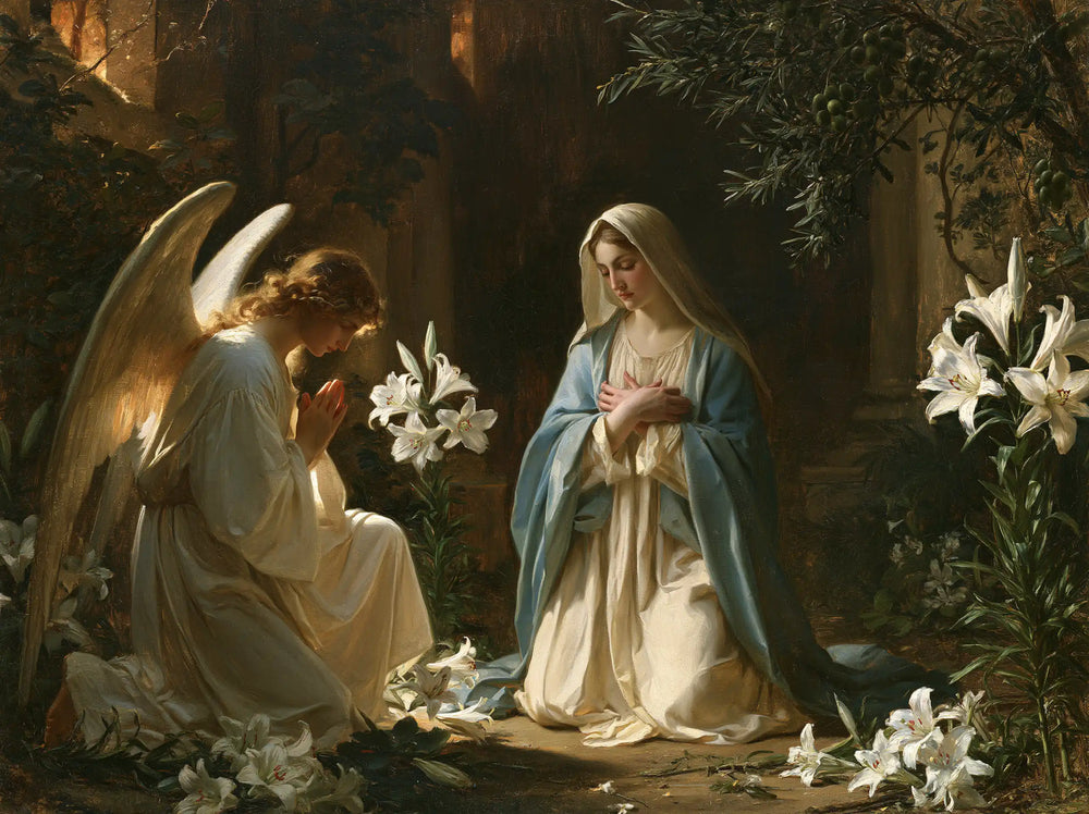 the Annunciation in a garden in The Annunciation in the Garden style, landscape Christian artwork no. 8