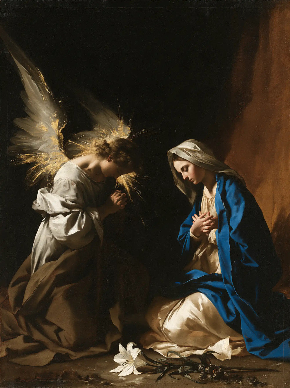 the Annunciation in black and gold in Black and Gold style, portrait Christian artwork no. 16