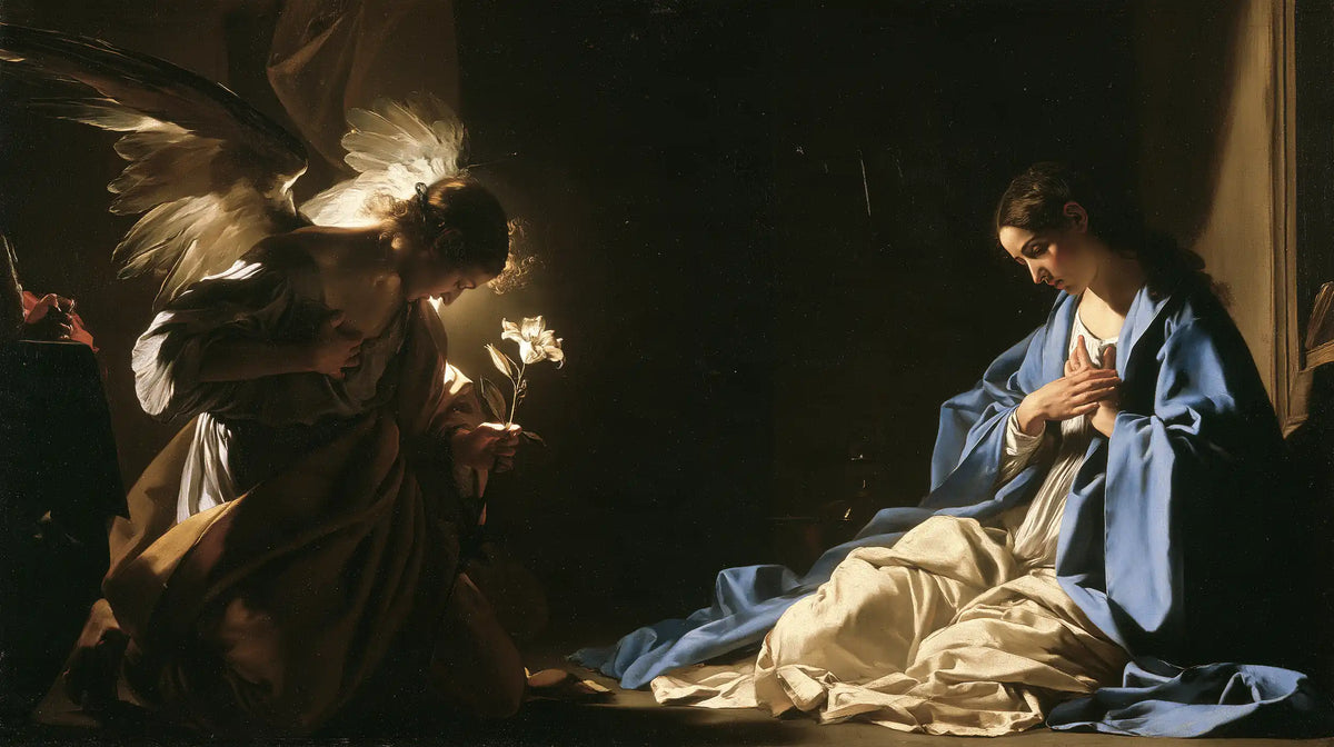 the Annunciation in dramatic chiaroscuro in Caravaggio Tenebrism style, landscape Christian artwork no. 4