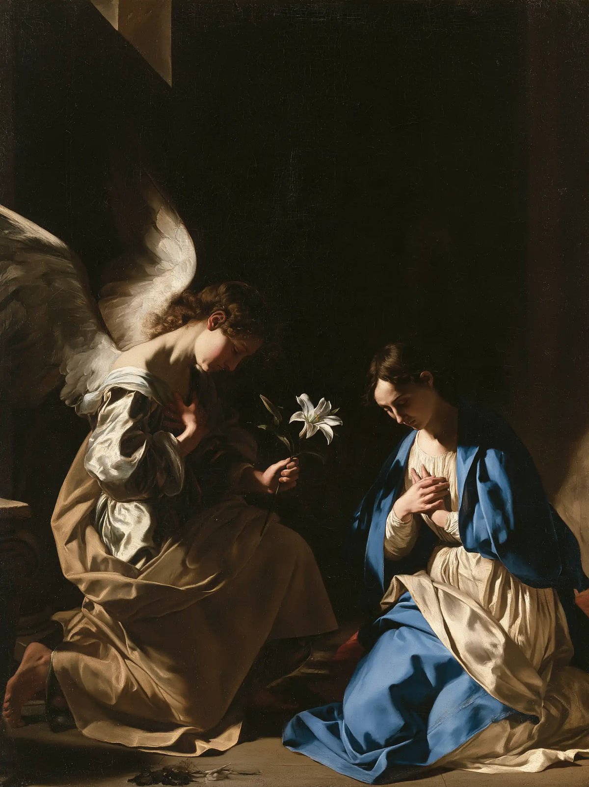 the Annunciation in dramatic chiaroscuro in Caravaggio Tenebrism style, portrait Christian artwork no. 4