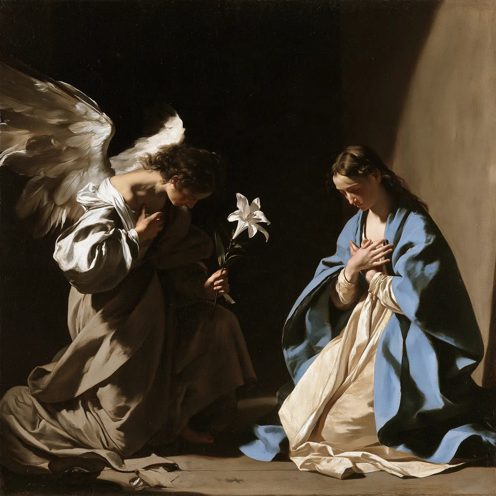 the Annunciation in dramatic chiaroscuro in Caravaggio Tenebrism style, square Christian artwork no. 1