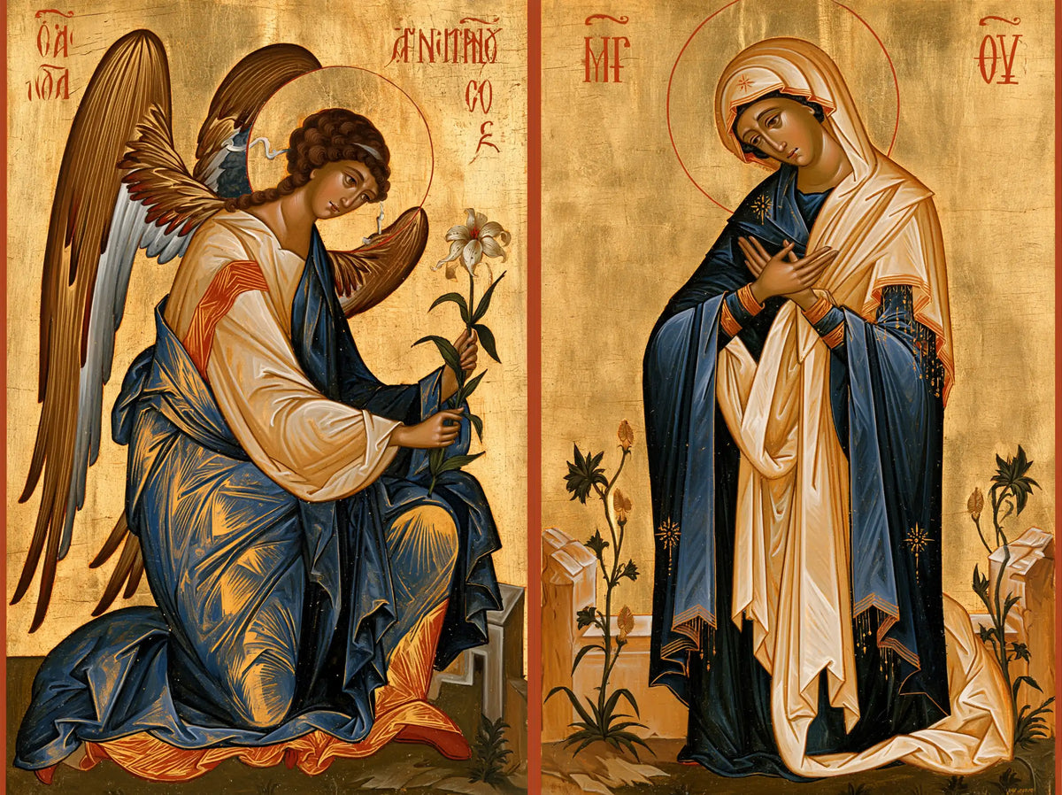 the Annunciation in a contemporary Byzantine icon in Contemporary Byzantine style, landscape Christian artwork no. 3