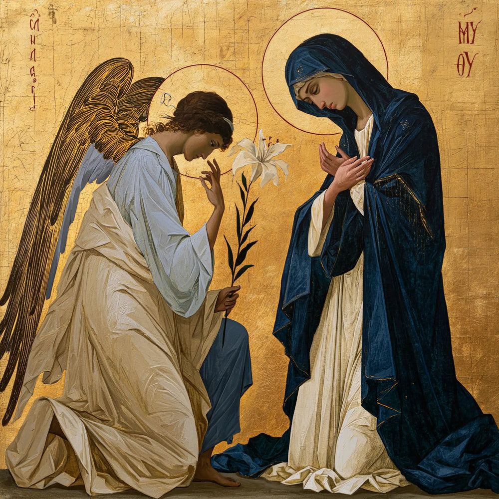 the Annunciation in a contemporary Byzantine icon in Contemporary Byzantine style, square Christian artwork no. 7