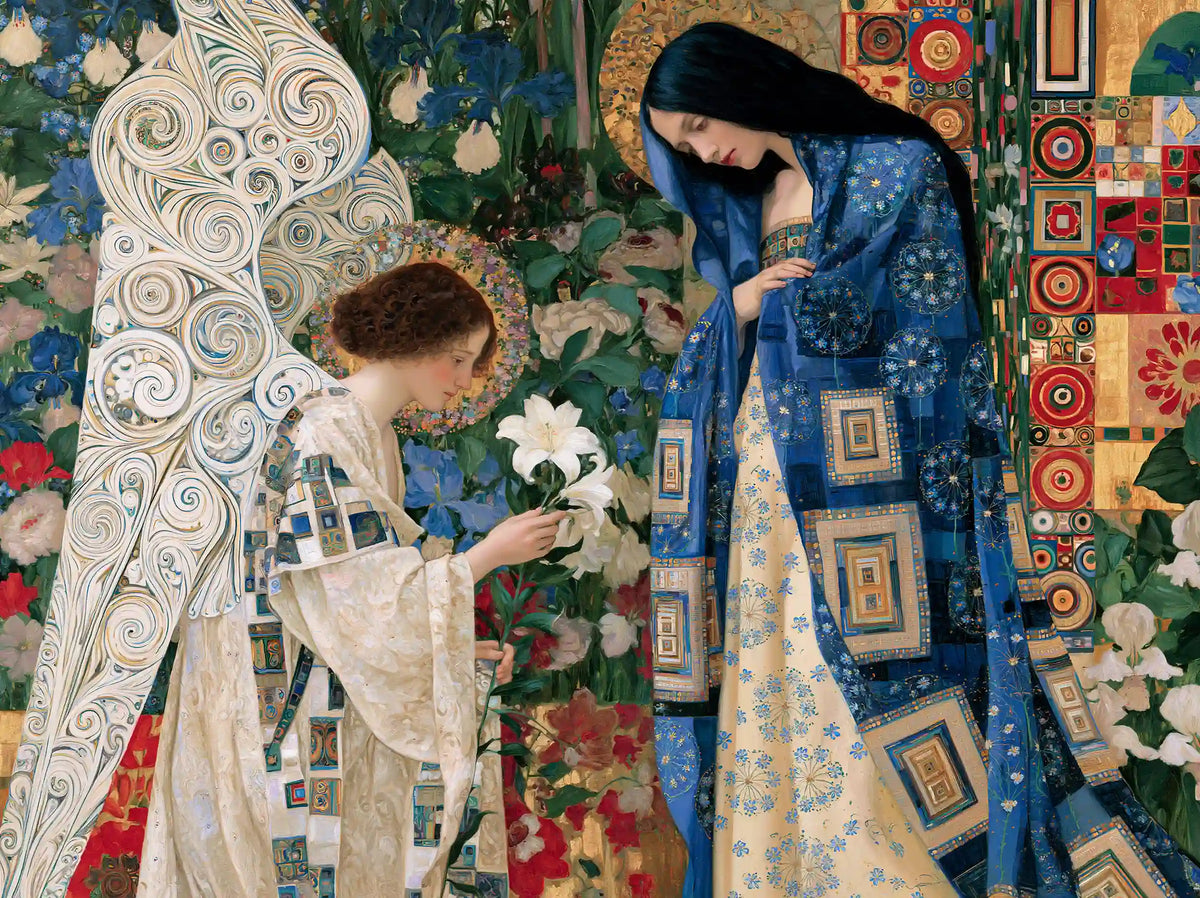 Annunciation in the Dark Floral Garden – Golden Secession Art · Landscape