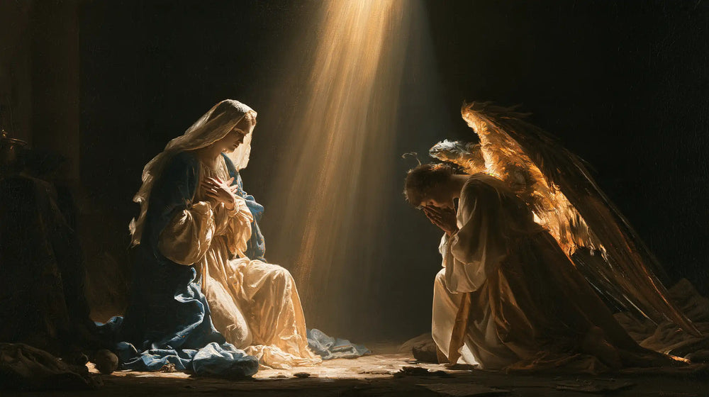 divine light descending upon Mary at the Annunciation in Divine Light Descending upon Mary style, landscape Christian artwork no. 13