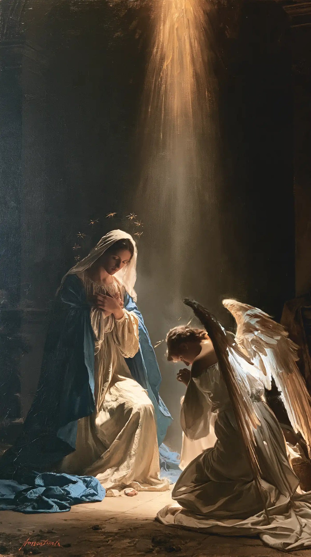 divine light descending upon Mary at the Annunciation in Divine Light Descending upon Mary style, portrait Christian artwork no. 6