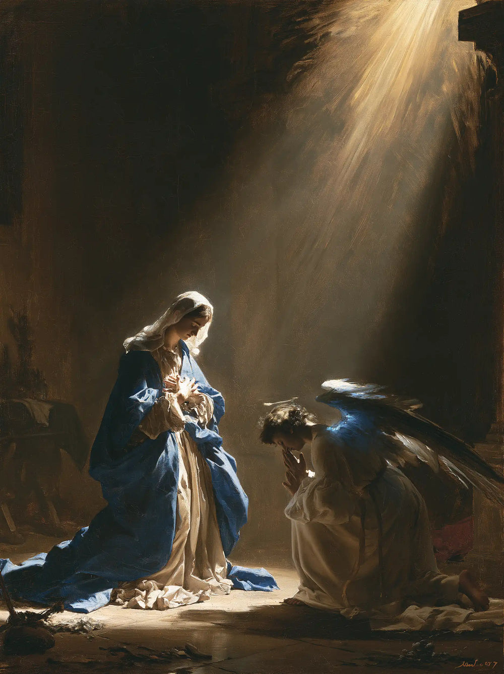 divine light descending upon Mary at the Annunciation in Divine Light Descending upon Mary style, portrait Christian artwork no. 17