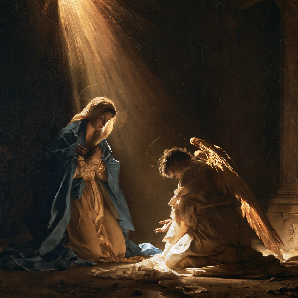 divine light descending upon Mary at the Annunciation in Divine Light Descending upon Mary style, square Christian artwork no. 2
