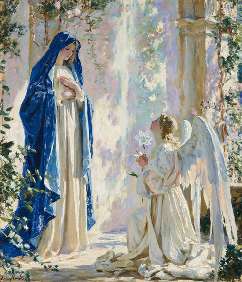 Mary standing at a flowering threshold before kneeling Gabriel in an Impressionist Annunciation portrait