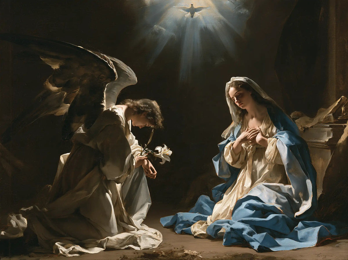 the Annunciation with the Holy Spirit in The Holy Spirit style, landscape Christian artwork no. 2