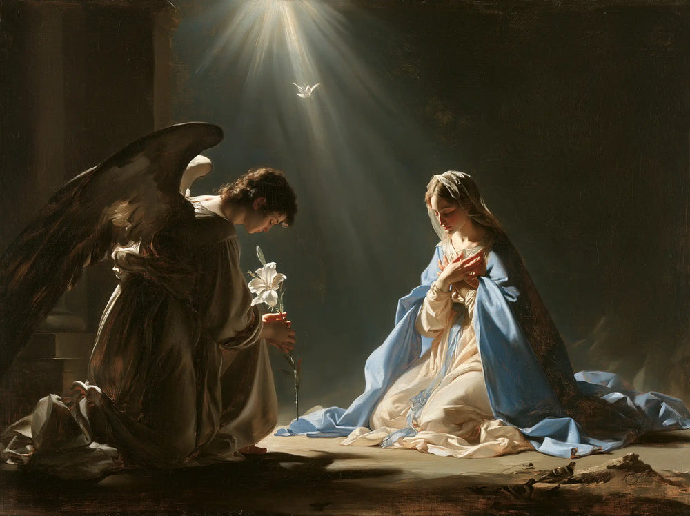 the Annunciation with the Holy Spirit in The Holy Spirit style, landscape Christian artwork no. 3
