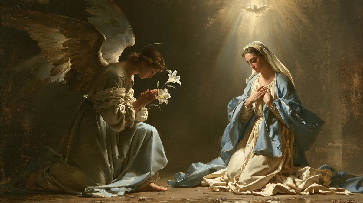 the Annunciation with the Holy Spirit in The Holy Spirit style, landscape Christian artwork no. 12