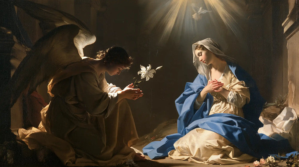 the Annunciation with the Holy Spirit in The Holy Spirit style, landscape Christian artwork no. 13