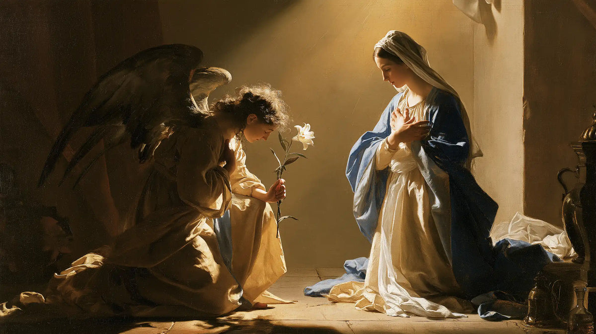 Mary kneeling before Gabriel at the Annunciation in Mary Kneeling before Gabriel style, landscape Christian artwork no. 3
