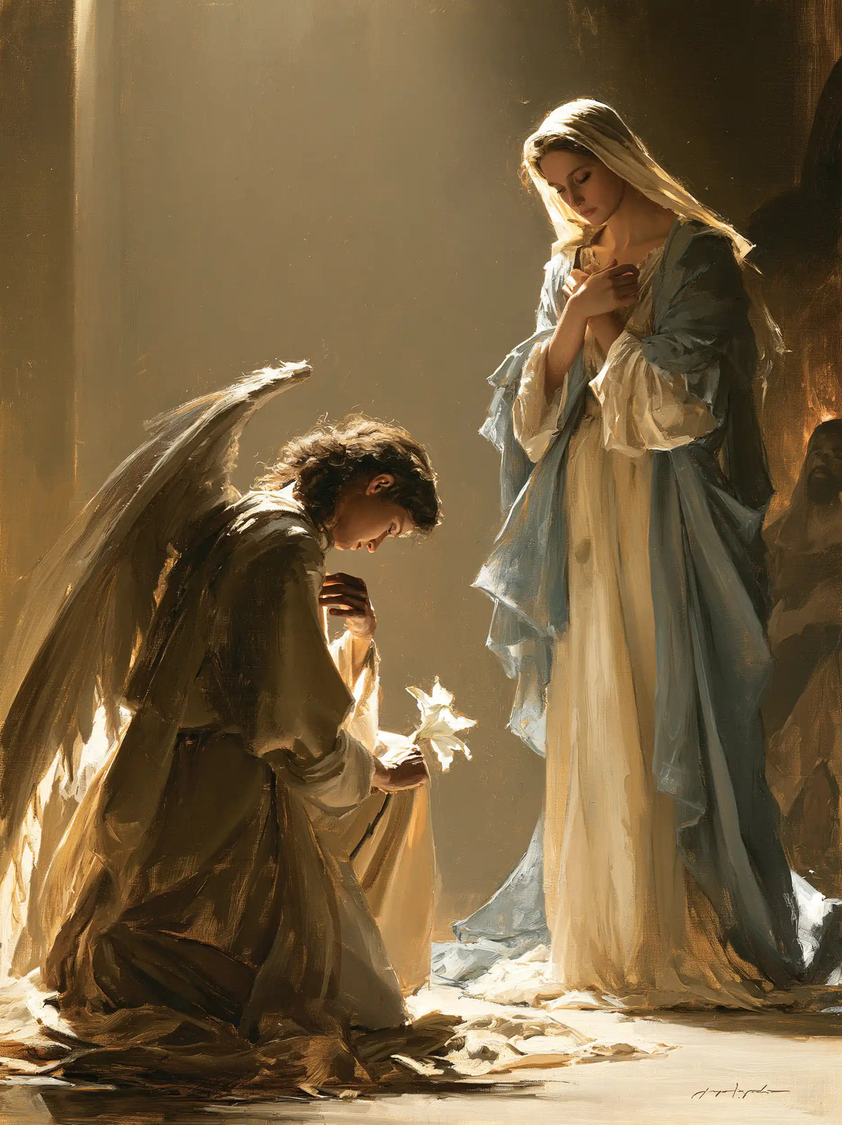 Mary kneeling before Gabriel at the Annunciation in Mary Kneeling before Gabriel style, portrait Christian artwork no. 3