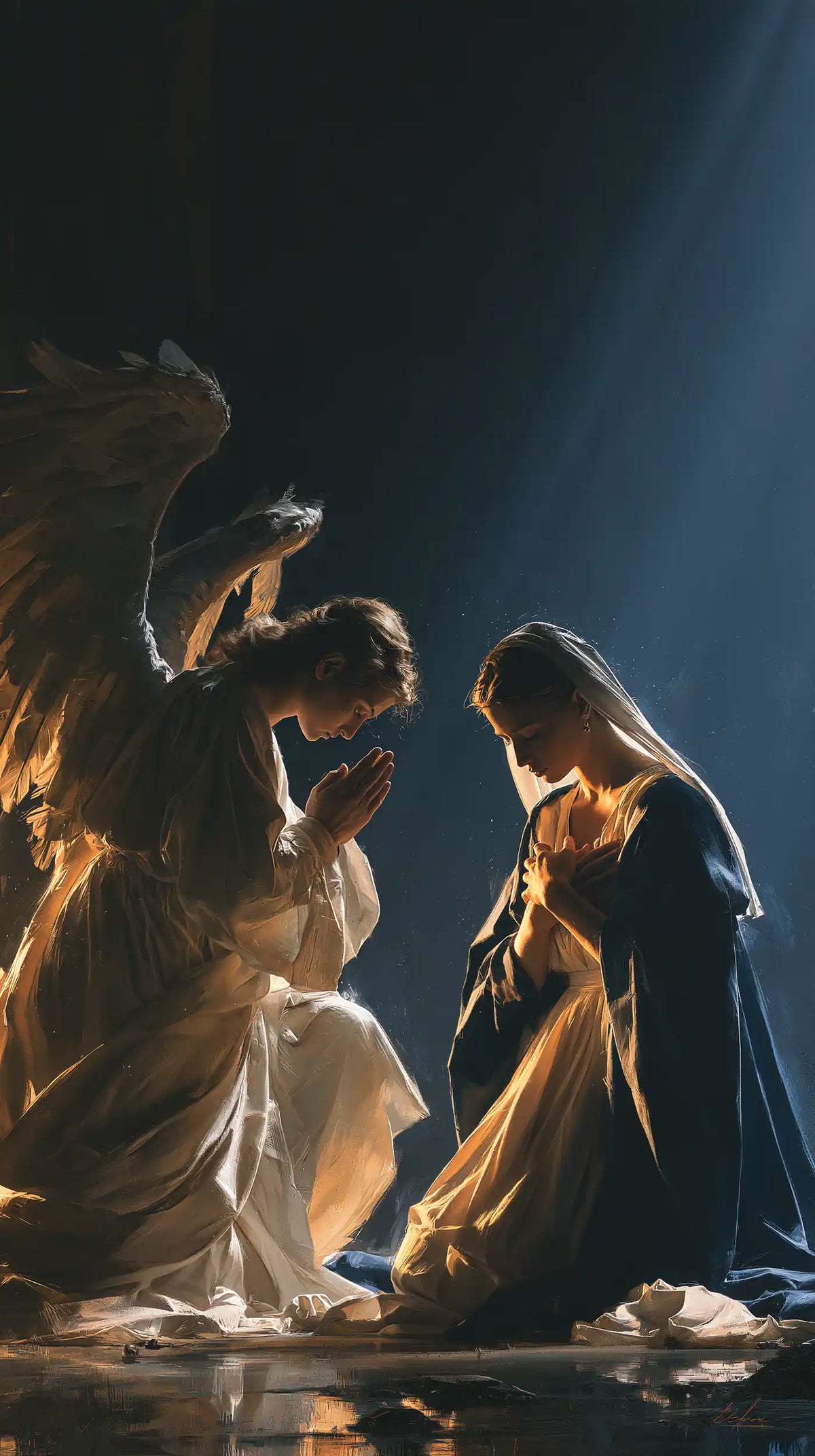 the Annunciation in midnight-blue chiaroscuro in Midnight Blue Chiaroscuro style, portrait Christian artwork no. 5