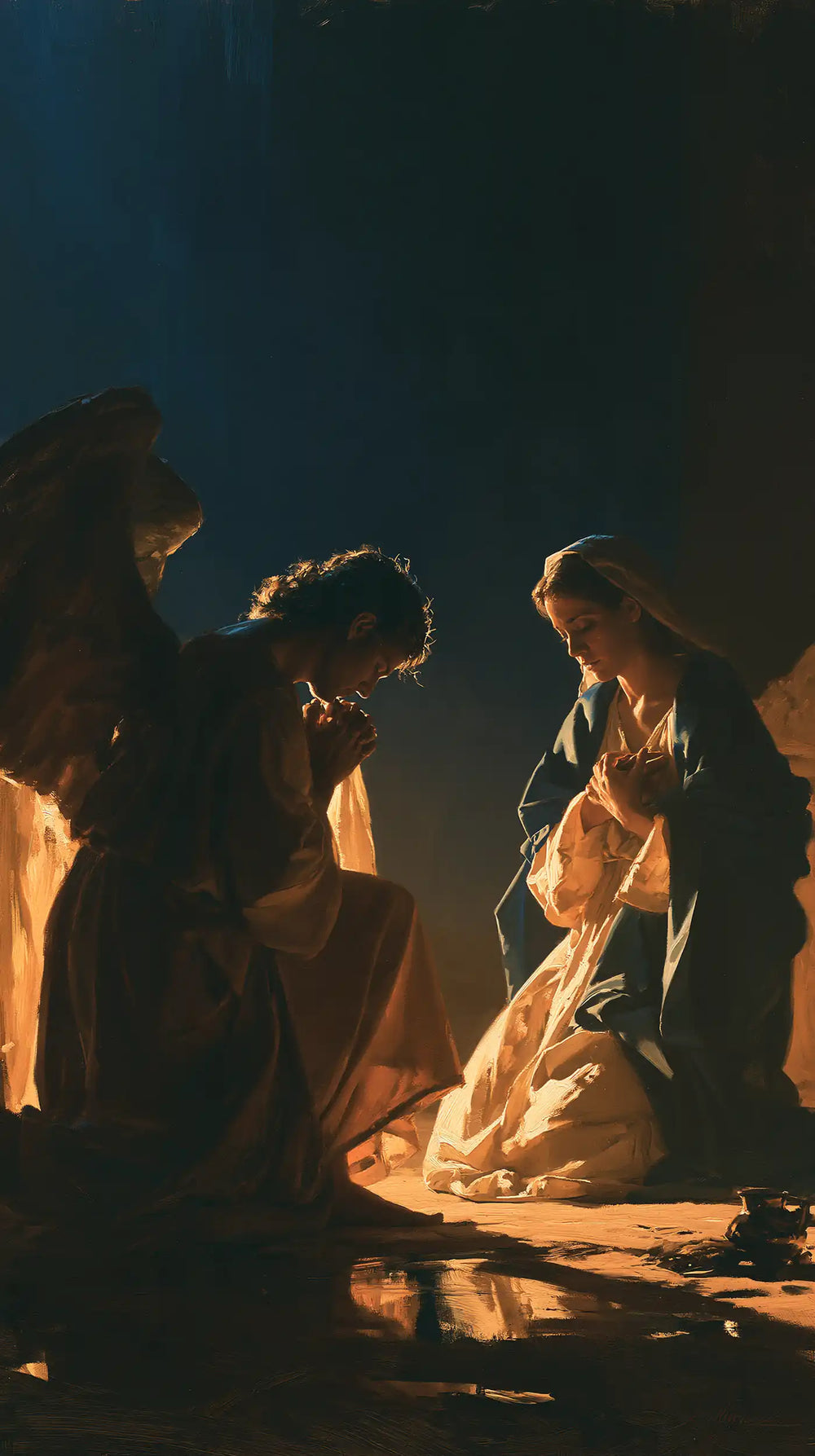 the Annunciation in midnight-blue chiaroscuro in Midnight Blue Chiaroscuro style, portrait Christian artwork no. 6