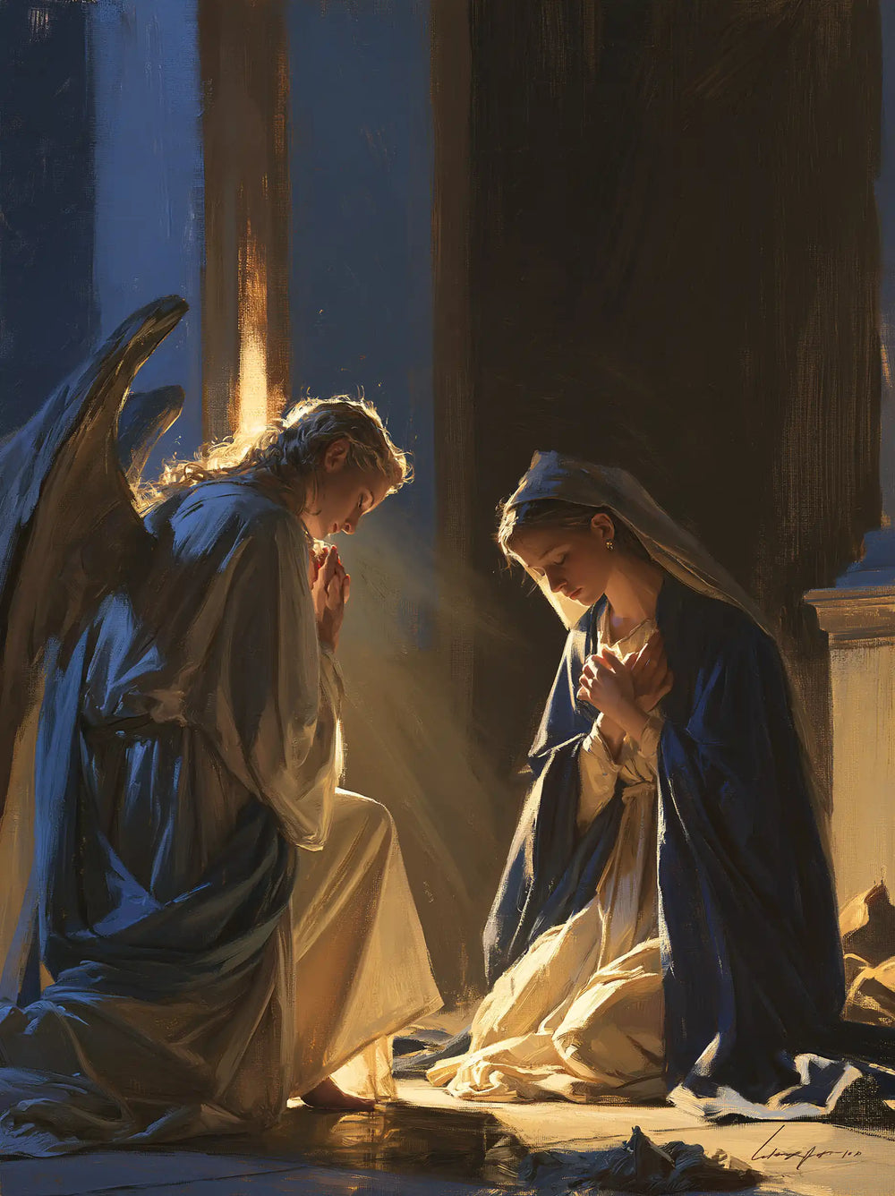 the Annunciation in midnight-blue chiaroscuro in Midnight Blue Chiaroscuro style, portrait Christian artwork no. 14