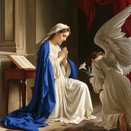 Virgin Mary and Gabriel beside an open book in a serene square Florentine Annunciation scene