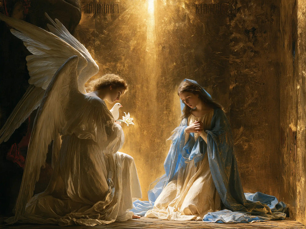 the Annunciation in sacred golden light in Sacred Gold style, landscape Christian artwork no. 2