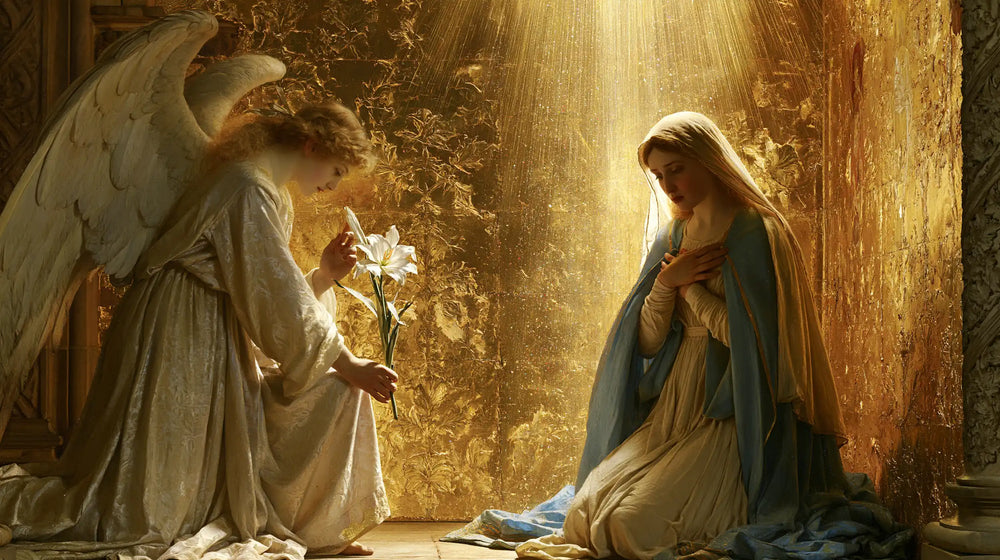the Annunciation in sacred golden light in Sacred Gold style, landscape Christian artwork no. 10