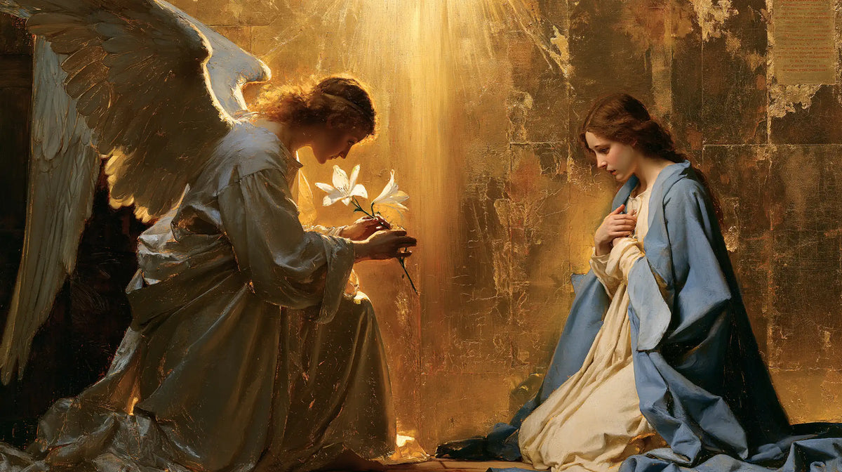the Annunciation in sacred golden light in Sacred Gold style, landscape Christian artwork no. 11