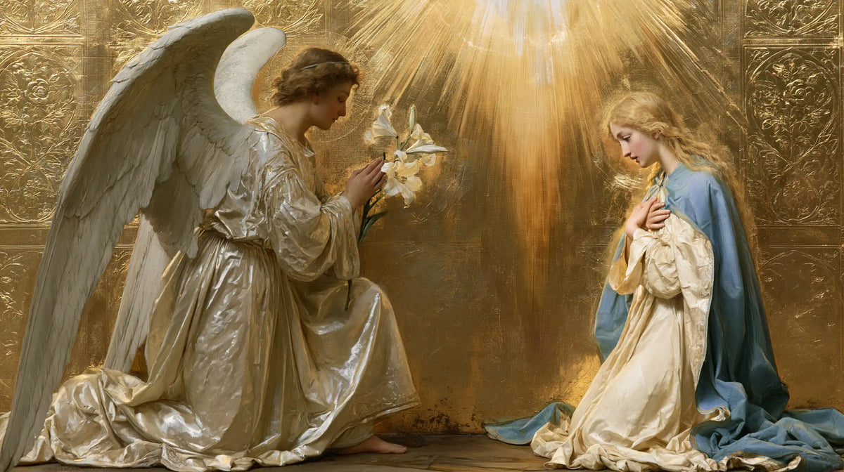 the Annunciation in sacred golden light in Sacred Gold style, landscape Christian artwork no. 17