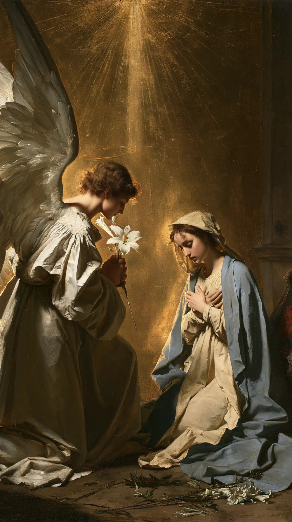 the Annunciation in sacred golden light in Sacred Gold style, portrait Christian artwork no. 3