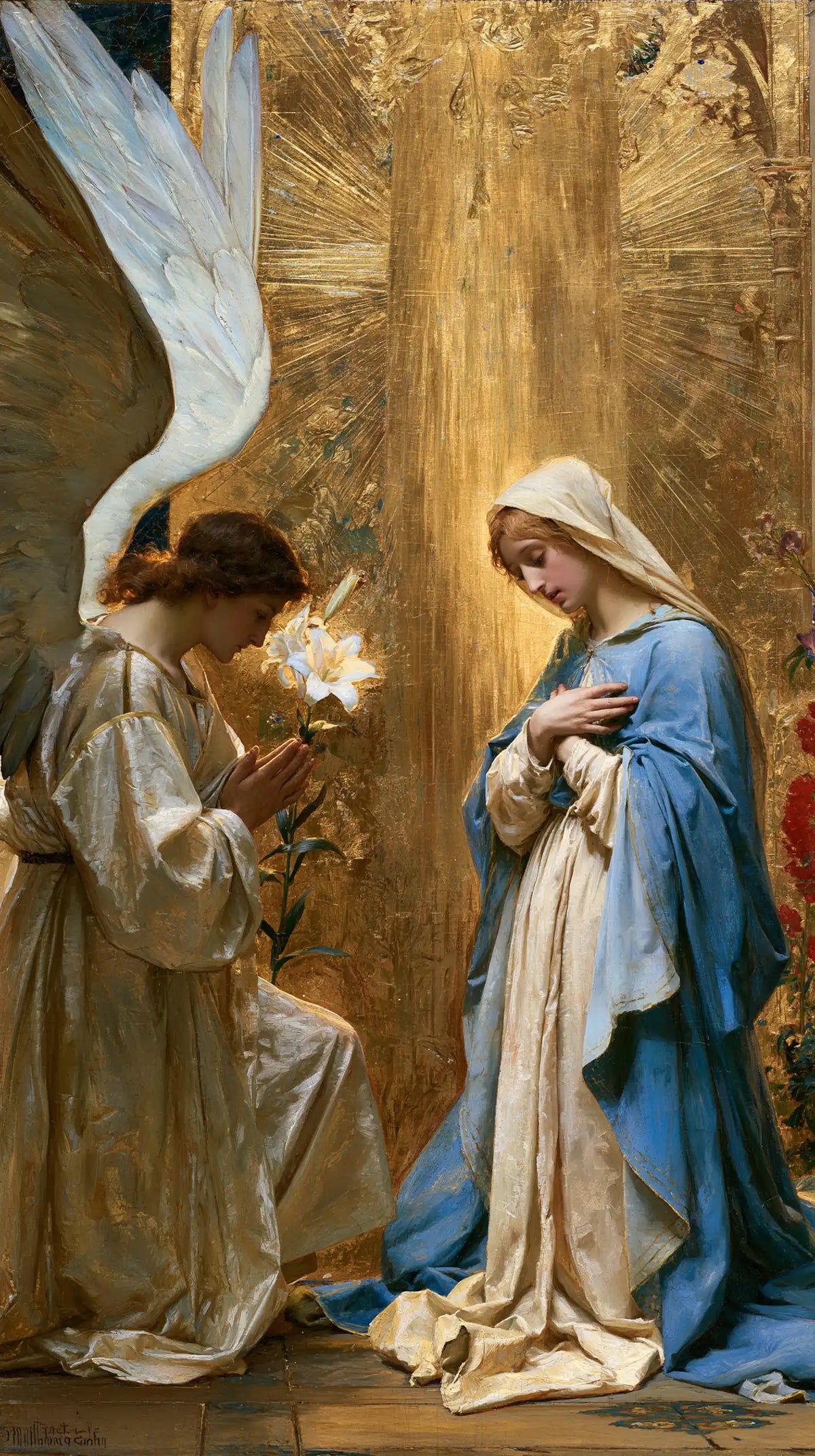 the Annunciation in sacred golden light in Sacred Gold style, portrait Christian artwork no. 7