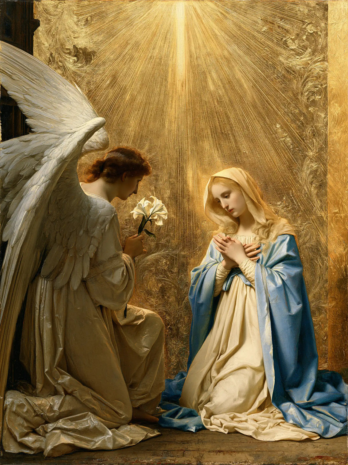 the Annunciation in sacred golden light in Sacred Gold style, portrait Christian artwork no. 10