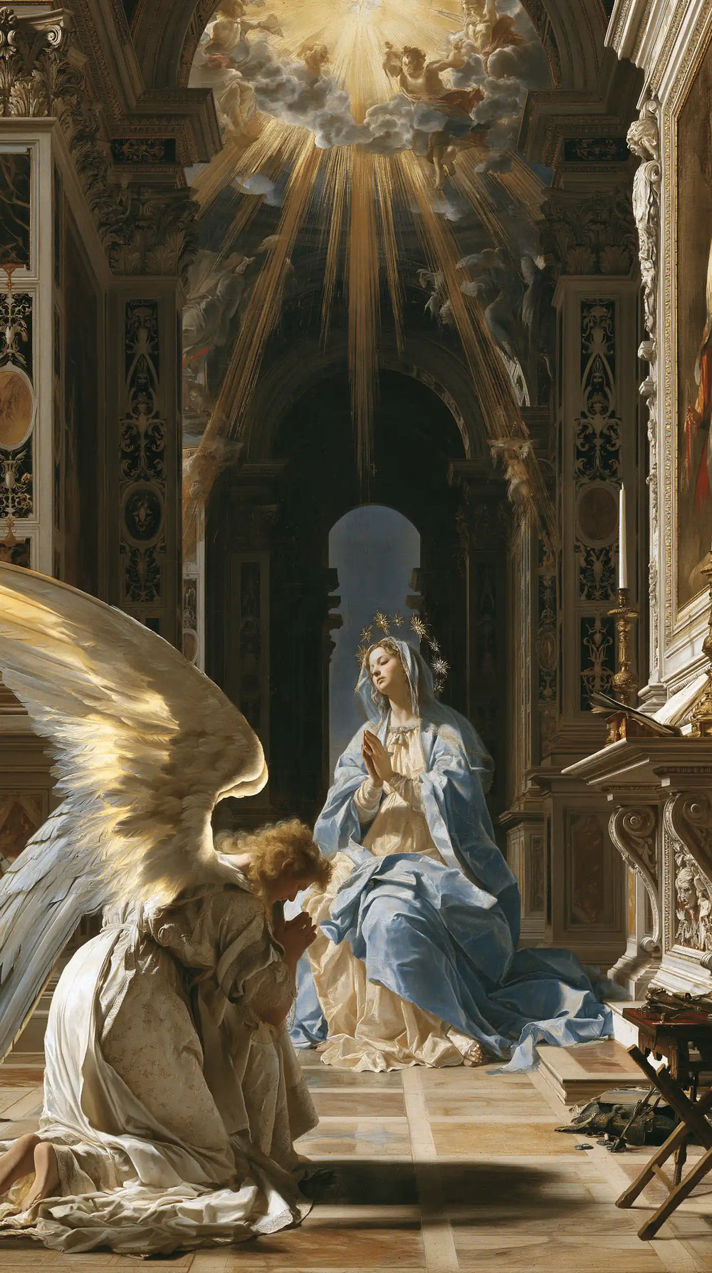 the Annunciation in a monumental sacred view in Sacred Monumental View style, portrait Christian artwork no. 7