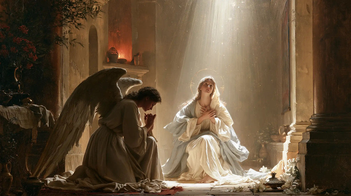 Mary receiving Gabriel's message in sacred surprise in Sacred Surprise style, landscape Christian artwork no. 8