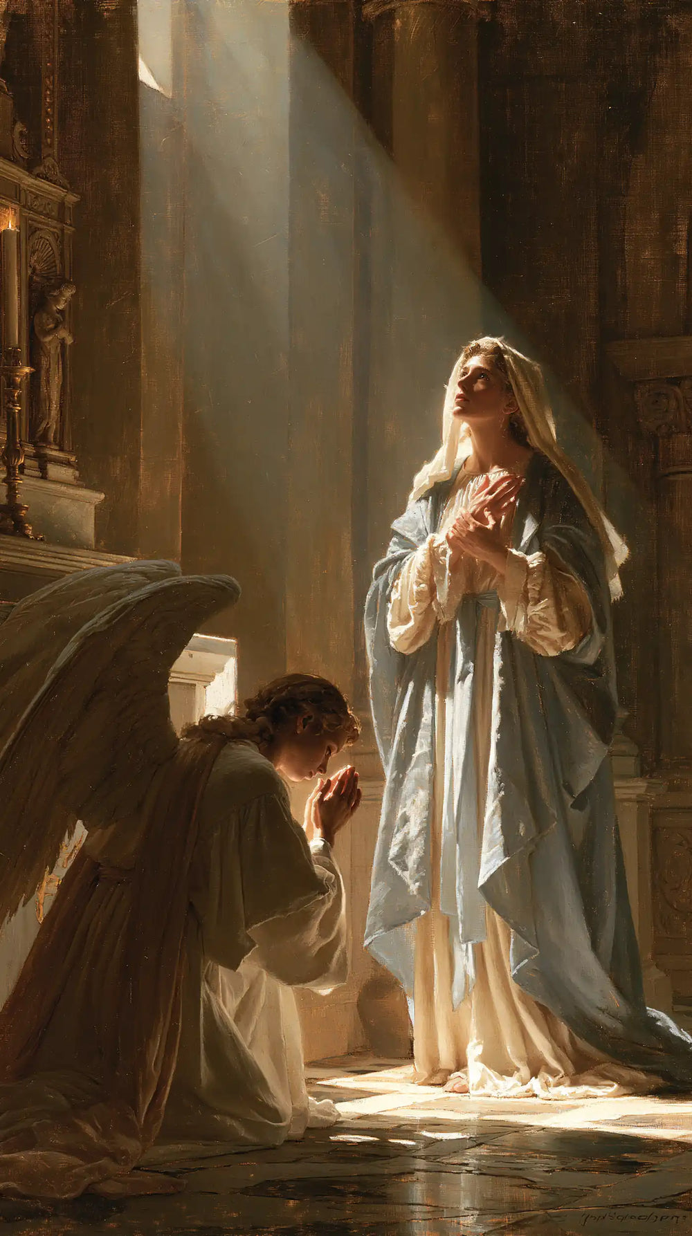 Mary receiving Gabriel's message in sacred surprise in Sacred Surprise style, portrait Christian artwork no. 1