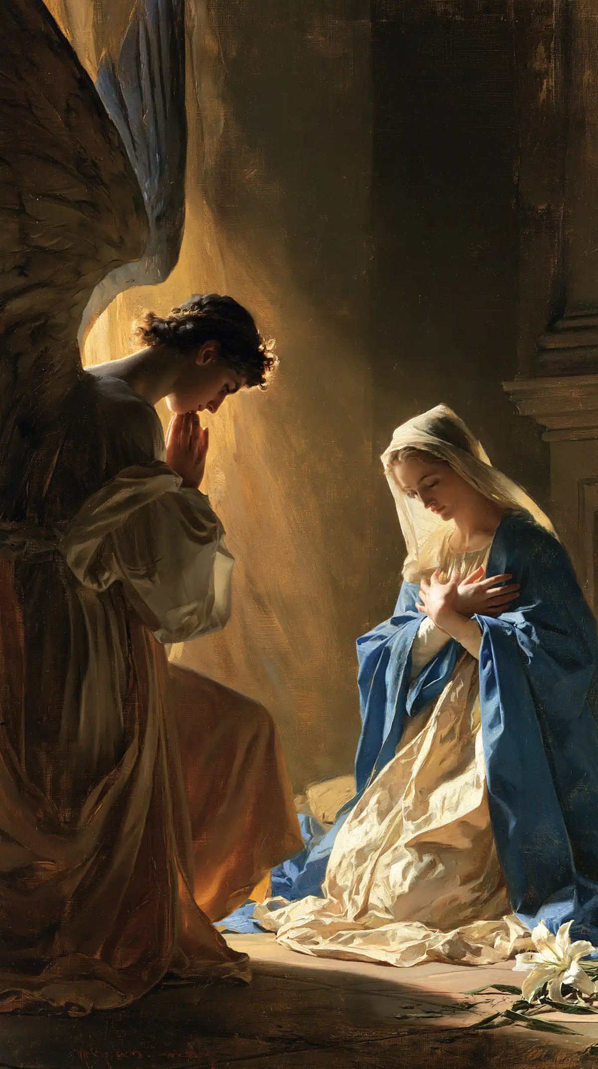 Mary in contemplative silence at the Annunciation in The Silence of Mary style, portrait Christian artwork no. 8