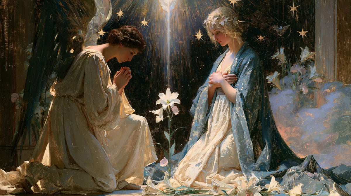 the Annunciation in a symbolist composition in Symbolist style, landscape Christian artwork no. 15