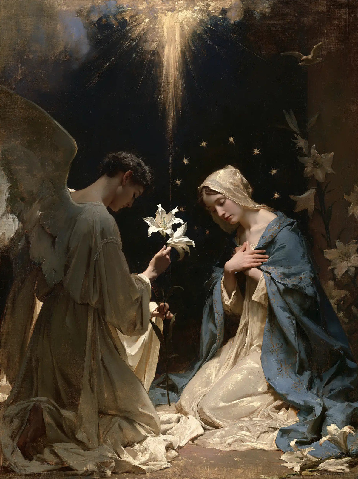 the Annunciation in a symbolist composition in Symbolist style, portrait Christian artwork no. 15