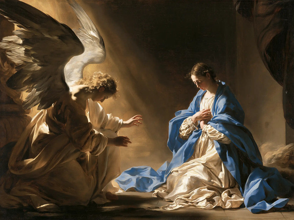 the Annunciation in a theatrical Baroque scene in Theatrical Baroque style, landscape Christian artwork no. 8