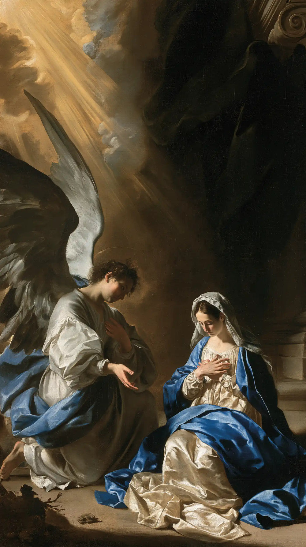 the Annunciation in a theatrical Baroque scene in Theatrical Baroque style, portrait Christian artwork no. 3