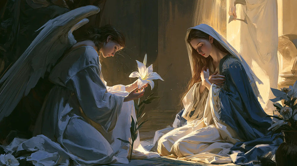 the Annunciation with the white lily as a central symbol in The White Lily as Symbol style, landscape Christian artwork no. 13