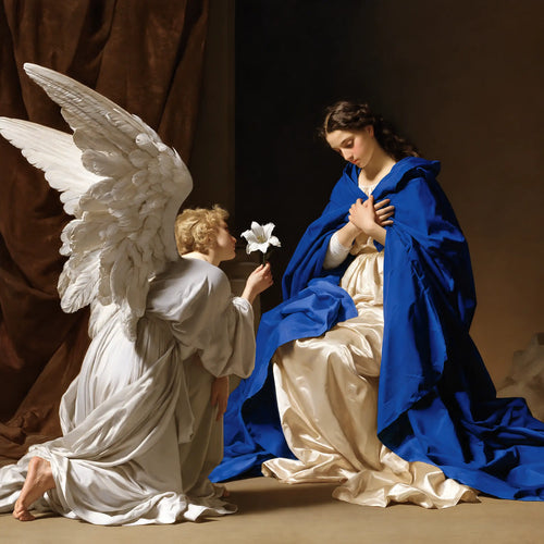 Seated Virgin Mary receiving Gabriel's white lily beneath a large pale wing in a square tenebrist Annunciation · square format