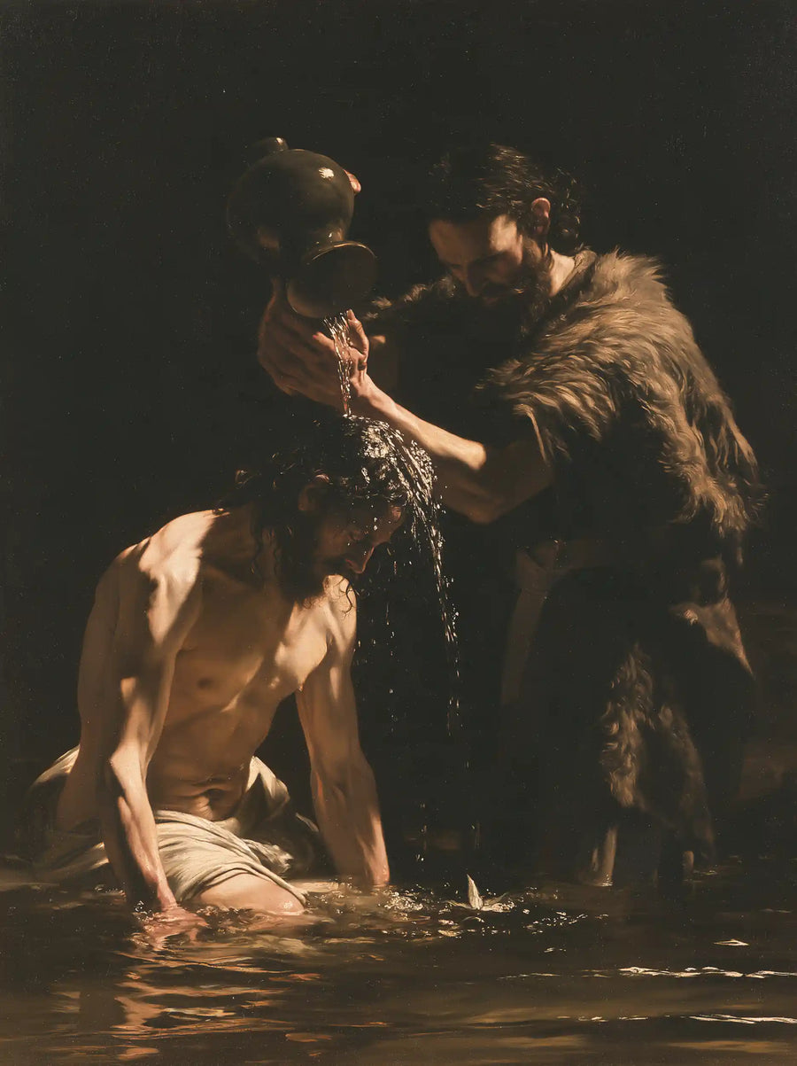 The Baptism of Jesus – Caravaggio Tenebrism · Kneeling in the Jordan · Portrait no. 3
