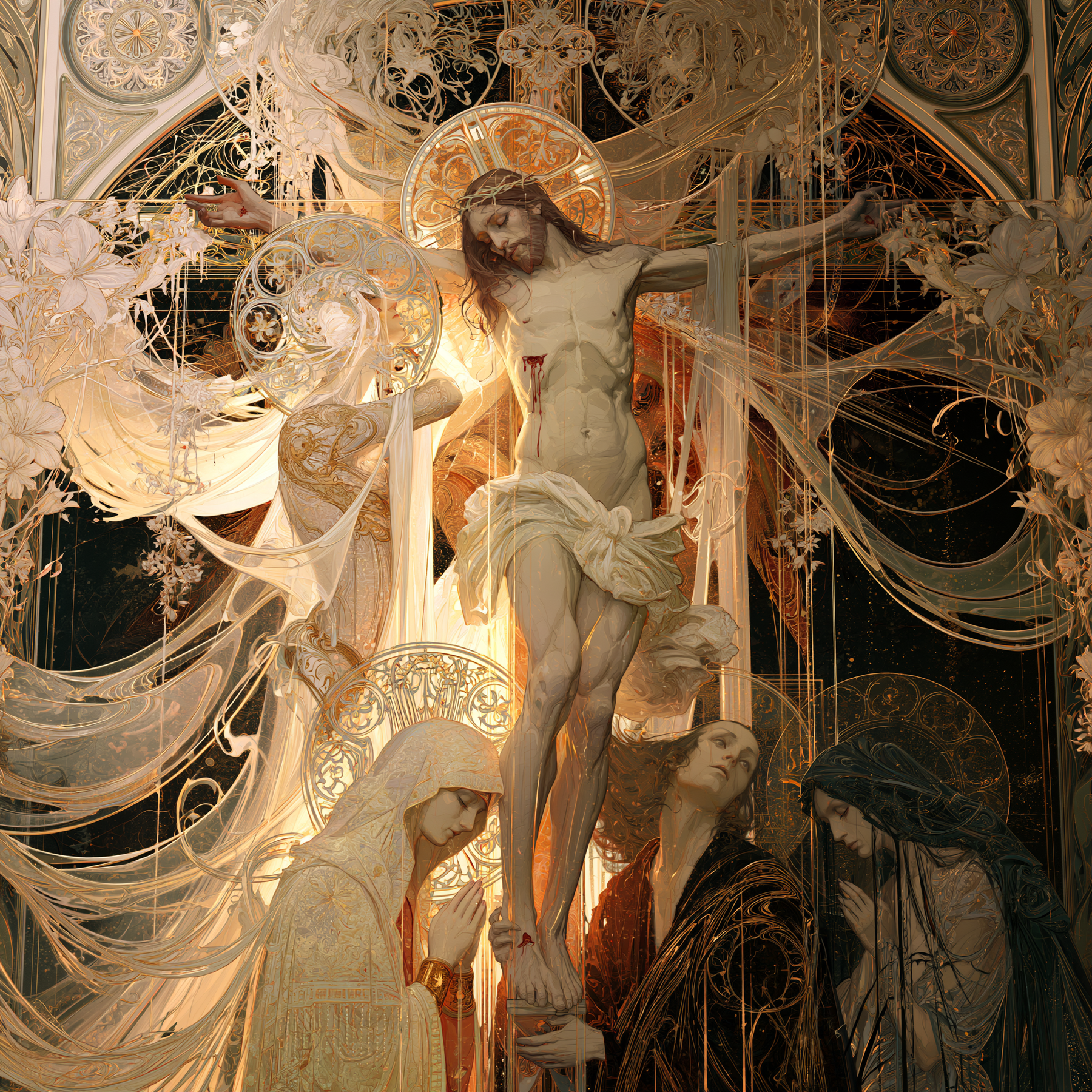 La Crucifixion — Art nouveau sacré · Carré n° 1 — aperçu de la finition sélectionnée