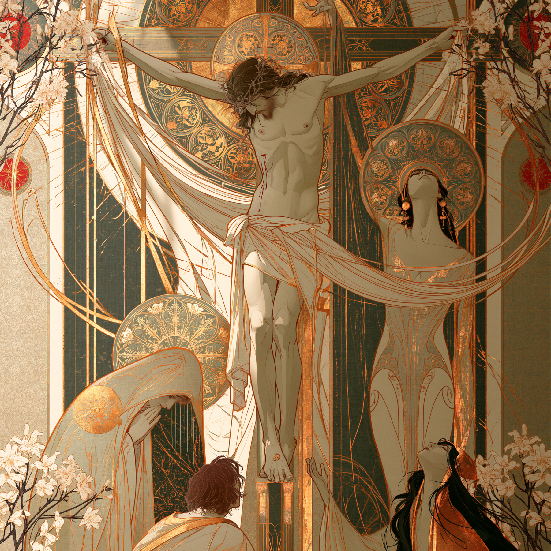 La Crucifixion — Art nouveau sacré · Carré n° 3 — aperçu de la finition sélectionnée