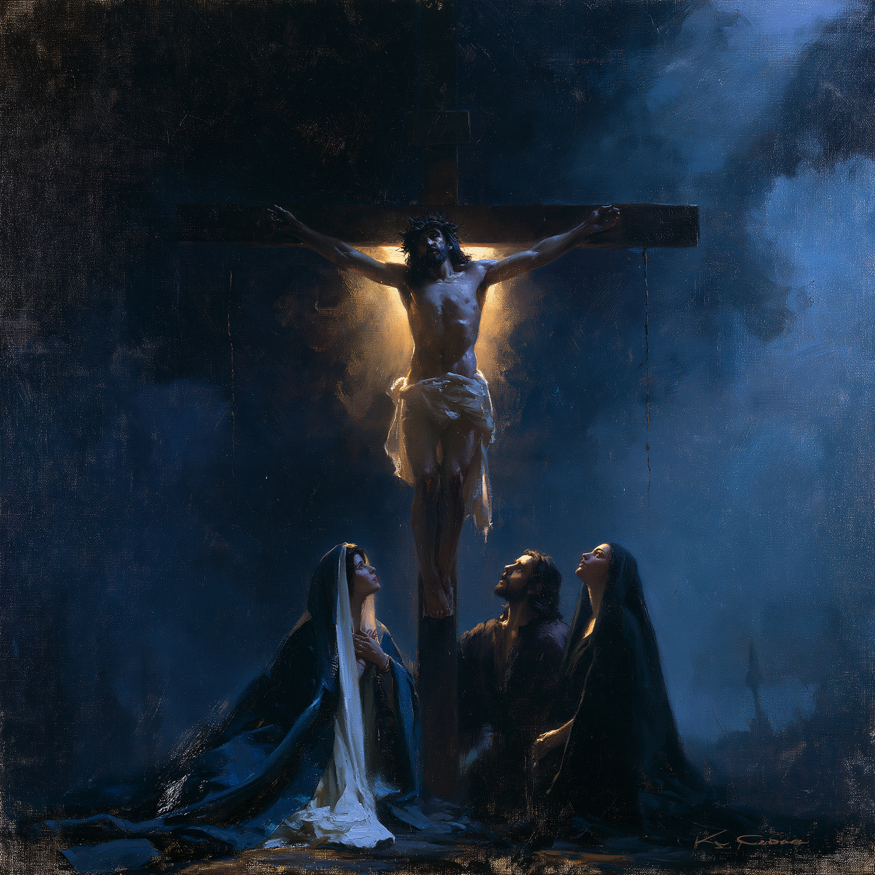 La Crucifixion — Clair-obscur bleu nuit · Carré n° 1 — aperçu de la finition sélectionnée