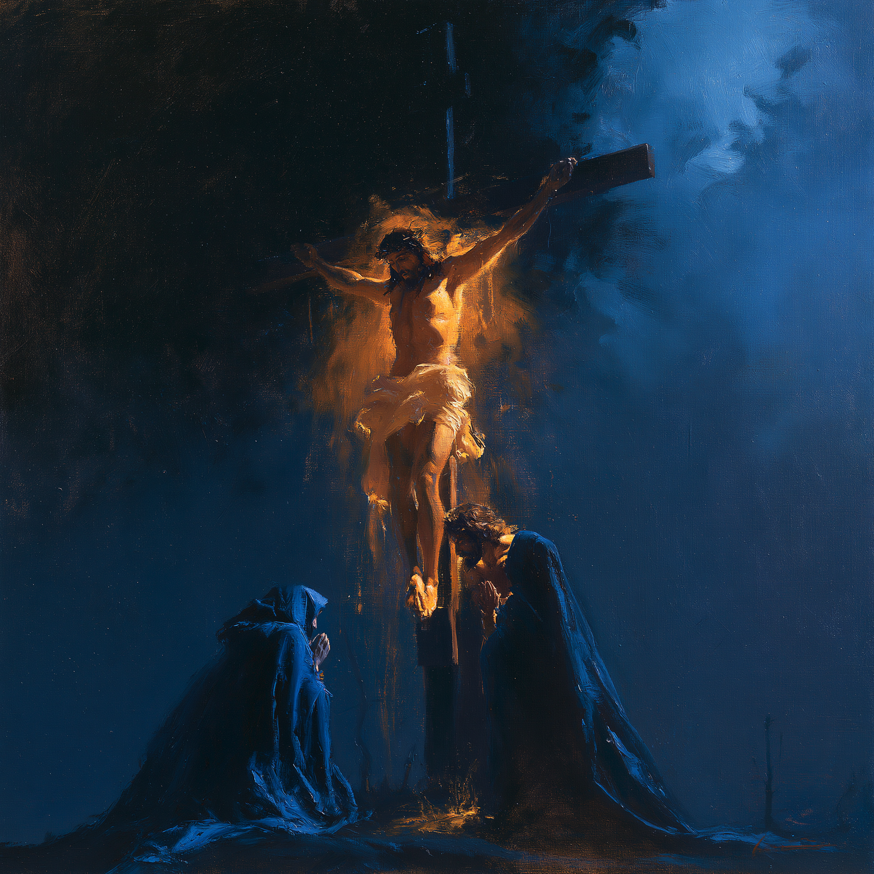 La Crucifixion — Clair-obscur bleu nuit · Carré n° 2 — aperçu de la finition sélectionnée