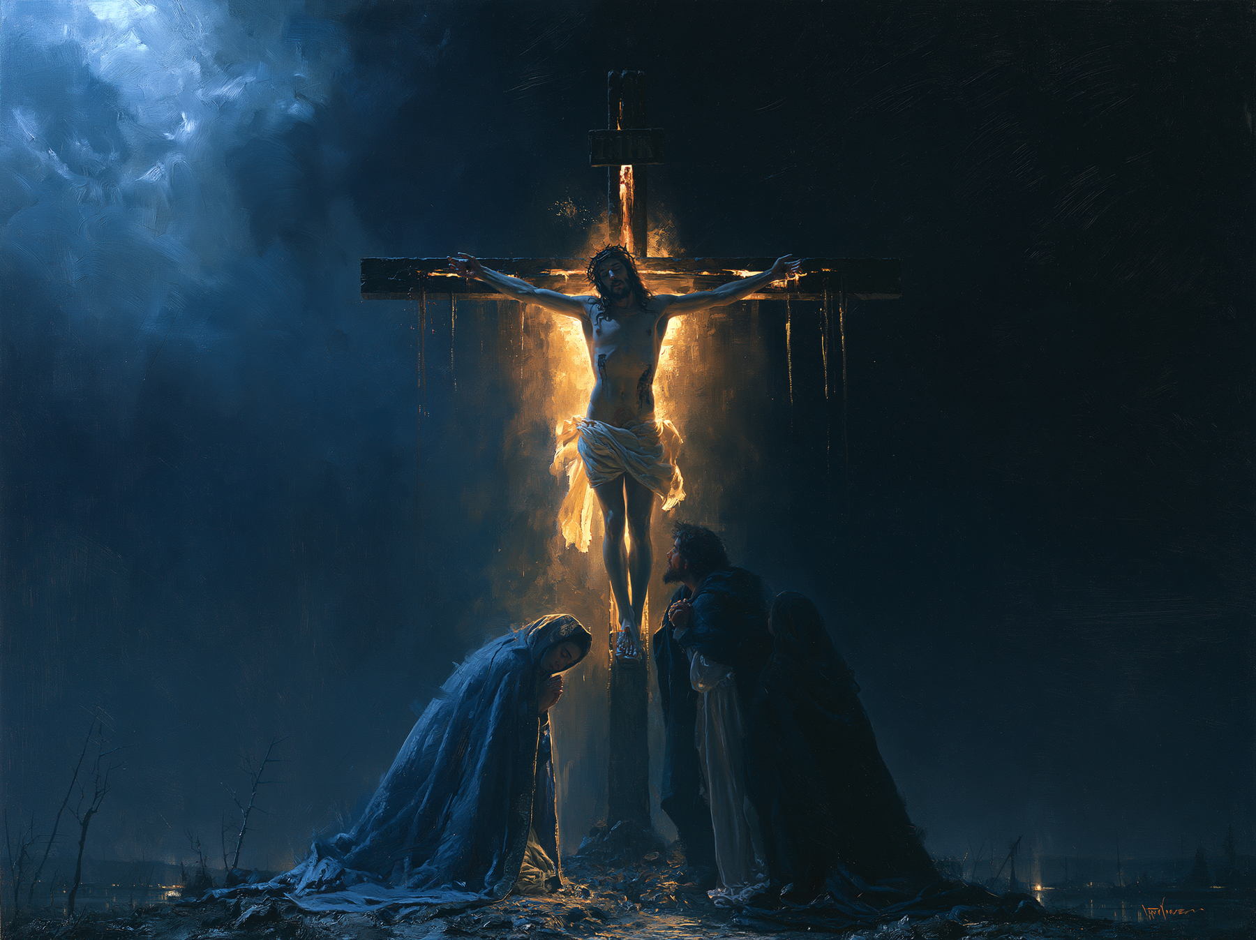 La Crucifixion — Clair-obscur bleu nuit · Paysage n° 6 — aperçu de la finition sélectionnée
