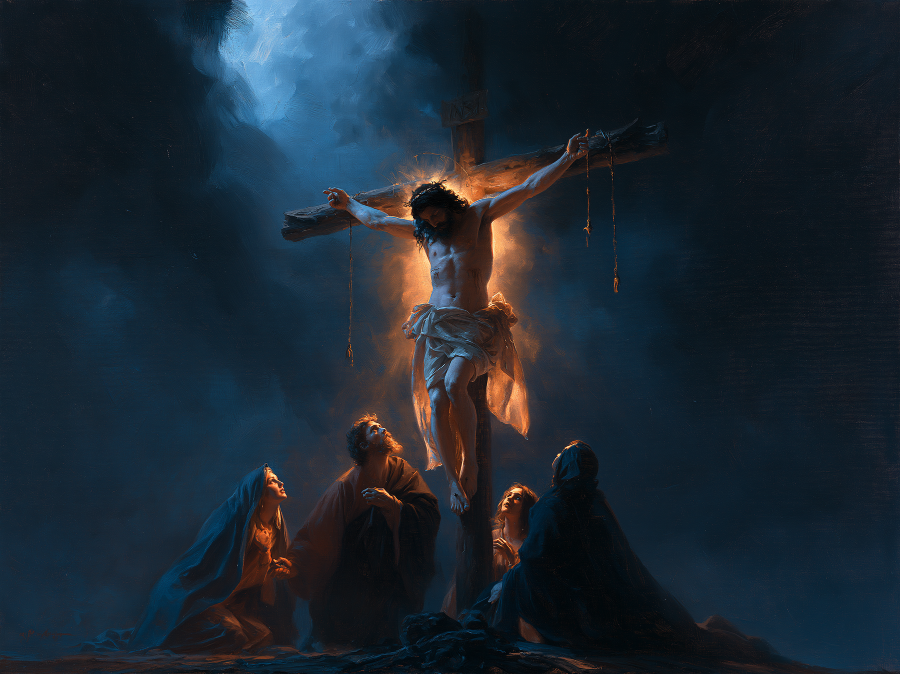 La Crucifixion — Clair-obscur bleu nuit · Paysage n° 7 — aperçu de la finition sélectionnée