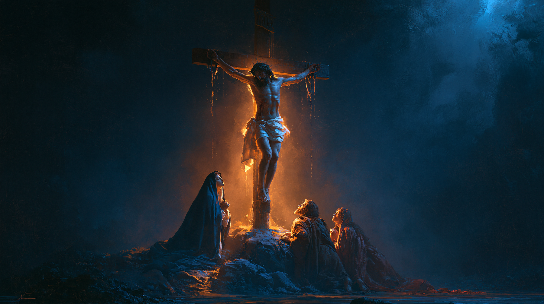 La Crucifixion — Clair-obscur bleu nuit · Paysage n° 14 — aperçu de la finition sélectionnée
