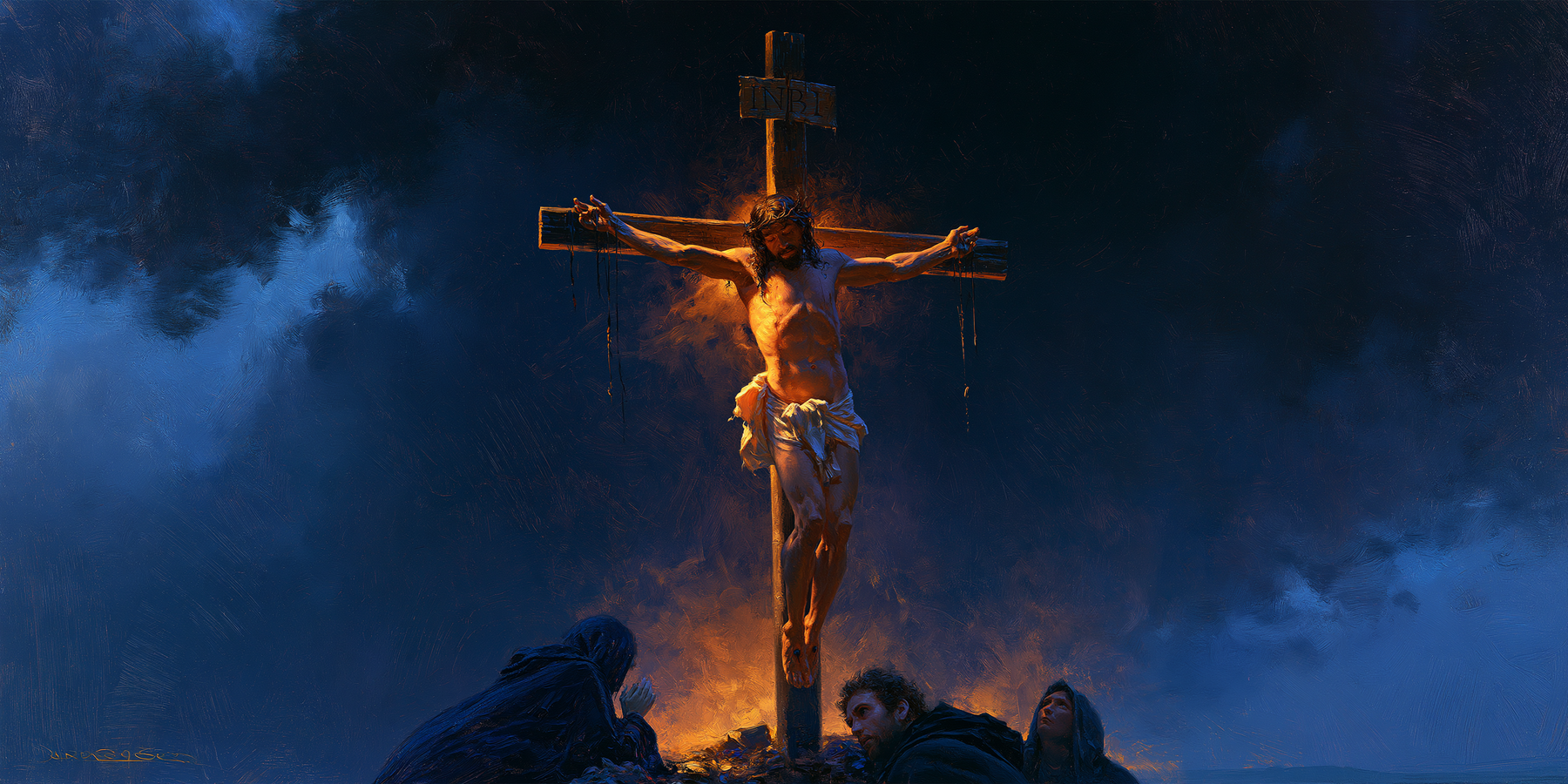 La Crucifixion — Clair-obscur bleu nuit · Paysage n° 16 — aperçu de la finition sélectionnée